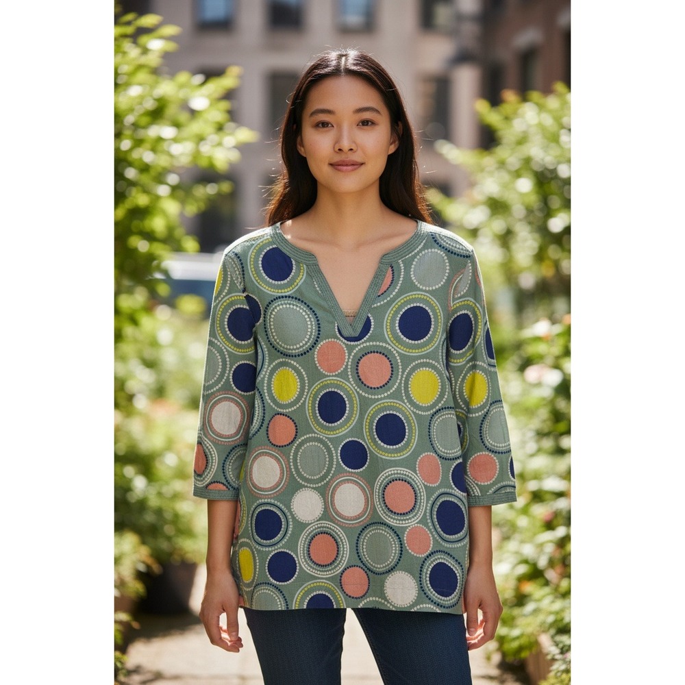 Boden Women's Tunic Top 3/4 Sleeve‎ Green Circle Print V Neck UK 12 US 8